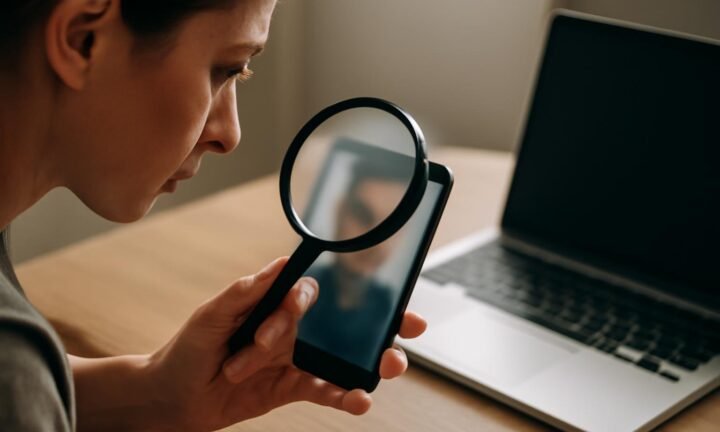 Osoba lupom pregleda fotografiju na ekranu mobitela