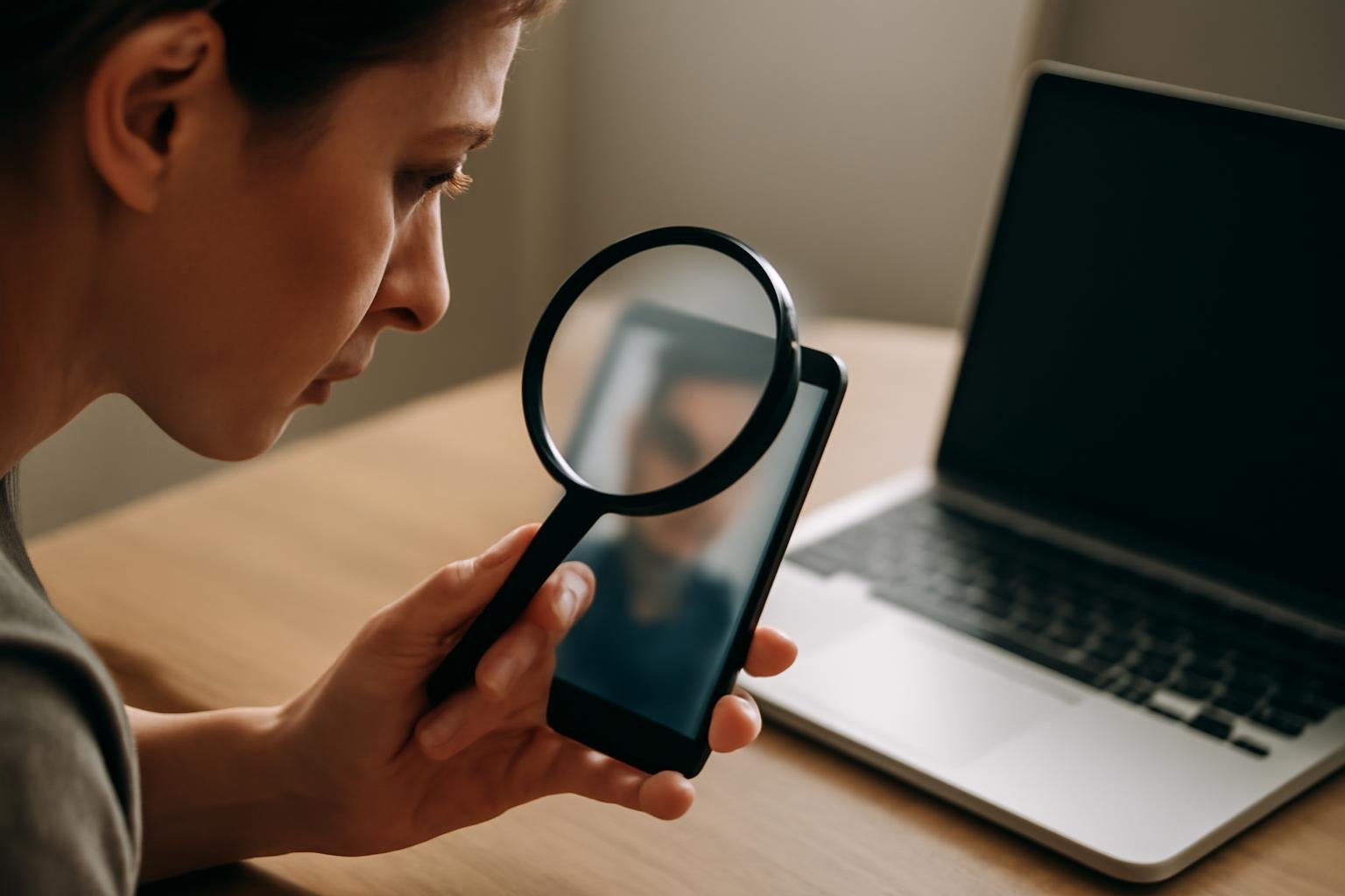 Osoba lupom pregleda fotografiju na ekranu mobitela