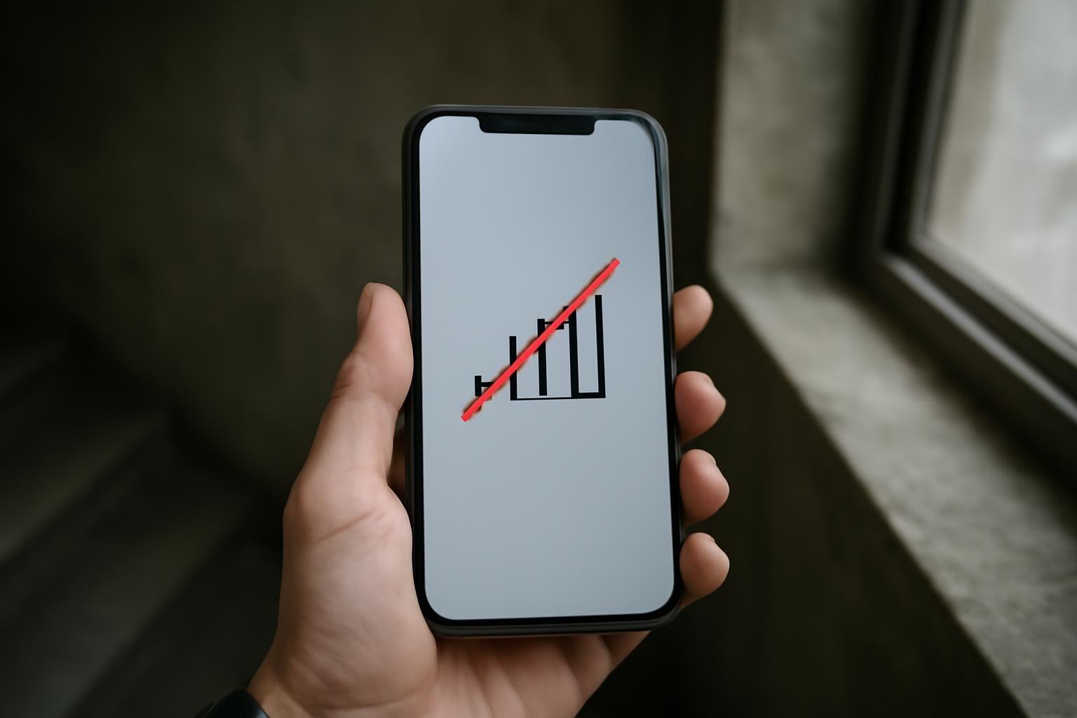 Mobitel s prekriženom ikonom signala u mračnom stepeništu