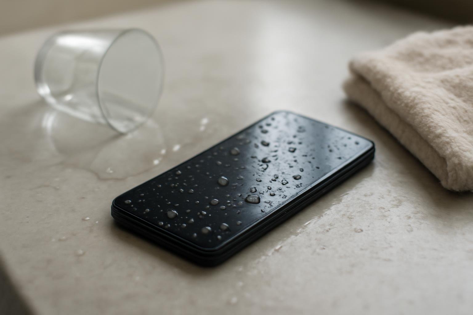 Mokar mobitel na pultu pored prosute čaše vode i peškira
