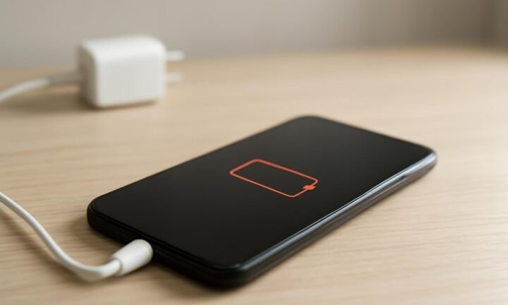 Mobitel priključen na punjač prikazuje praznu bateriju