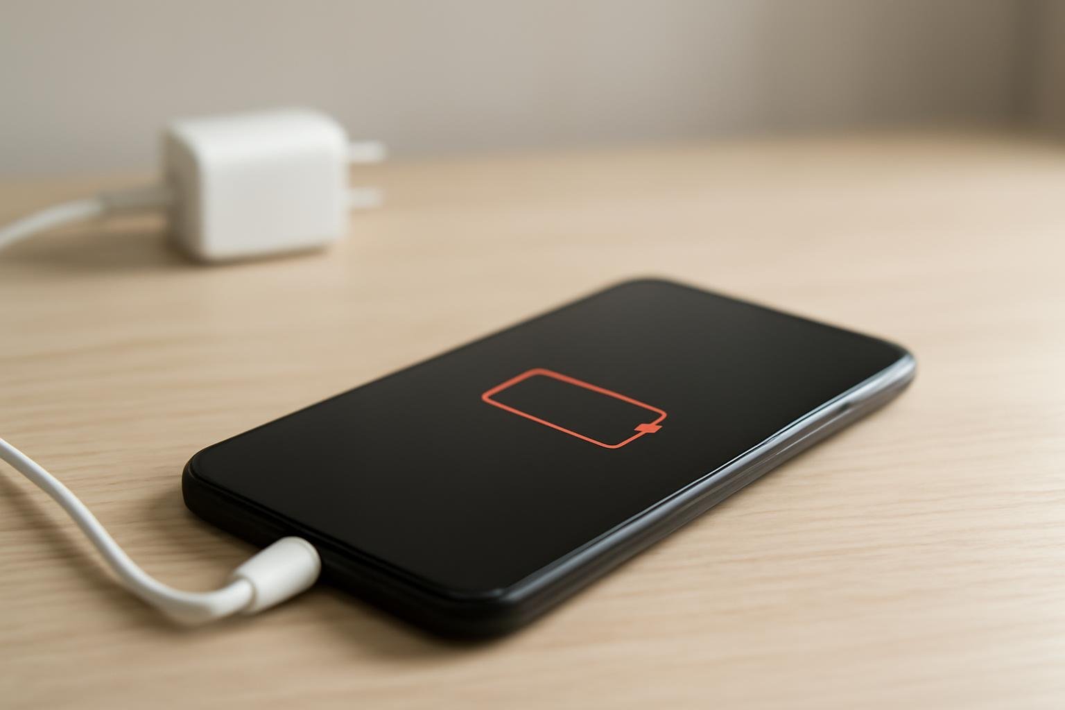 Mobitel priključen na punjač prikazuje praznu bateriju