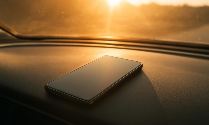 Mobitel na komandnoj tabli automobila na jakom suncu