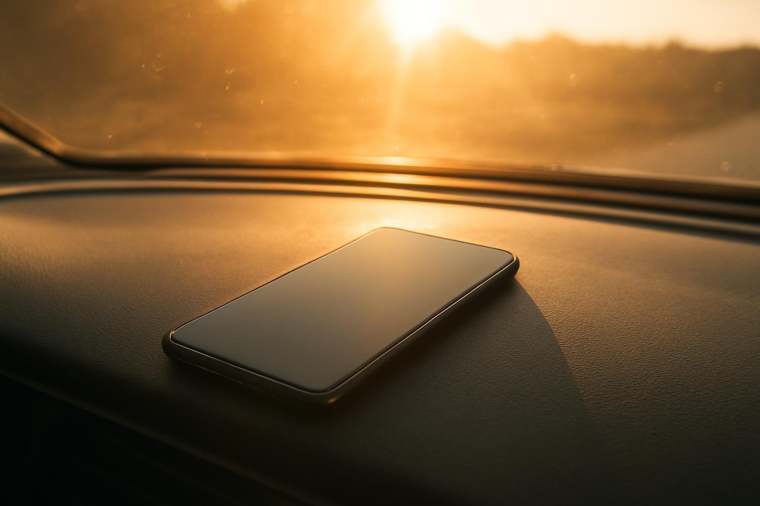 Mobitel na komandnoj tabli automobila na jakom suncu